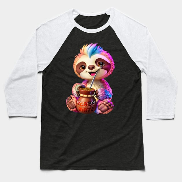 Cute Sloth: Kawaii Girl Yerba Mate Tea Lover with Food Lover Bombilla Baseball T-Shirt by JJDezigns